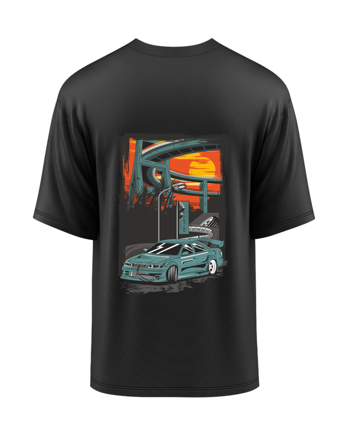 Cyber Drift T-Shirt - Teal Sports Car Sunset Design